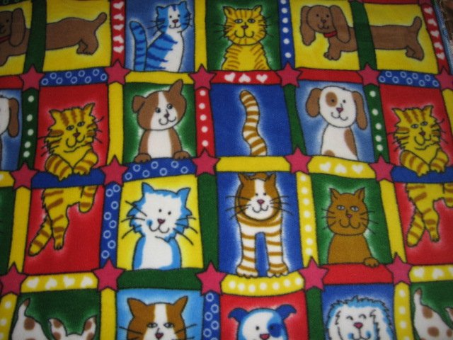 Image 1 of cat dog squares primary colors whimsical fleece toddler blanket  