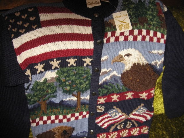 Image 3 of Cabela's for women hand knit patriotic red white blue large sweater