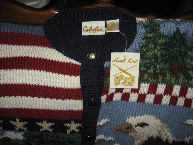 Image 2 of Cabela's for women hand knit patriotic red white blue large sweater