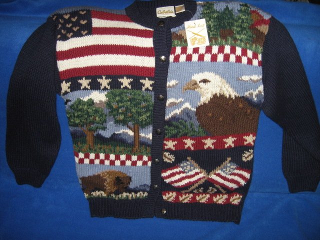 Cabela's for women hand knit patriotic red white blue large sweater