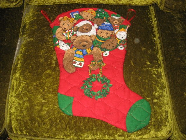 Image 0 of Teddy bear large 18 inch Quilted Christmas stocking with hanger