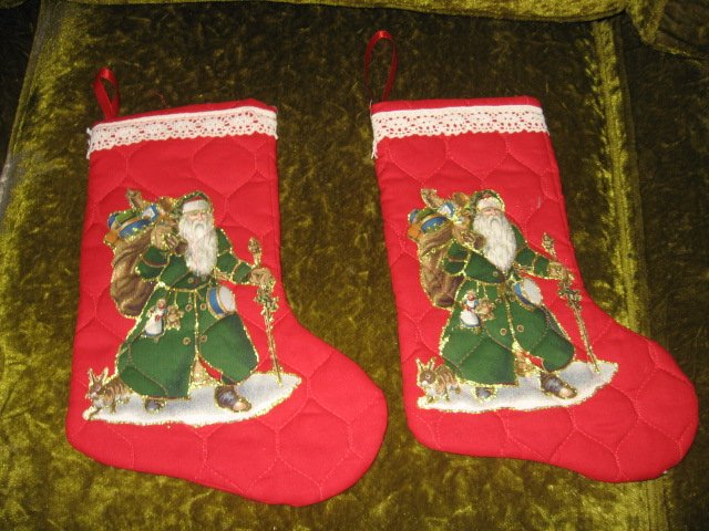 Old world Santa 12 inch set of two  Quilted Christmas stockings with hanger