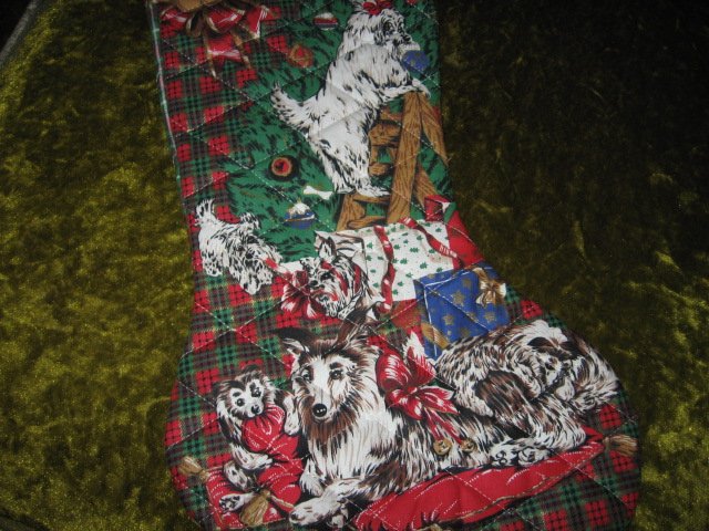 Image 1 of dogs Quilted Christmas stocking 17 inch  with hanger