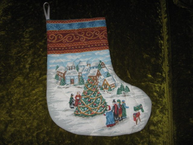 Old world village 12 inch Quilted Christmas stocking with hanger