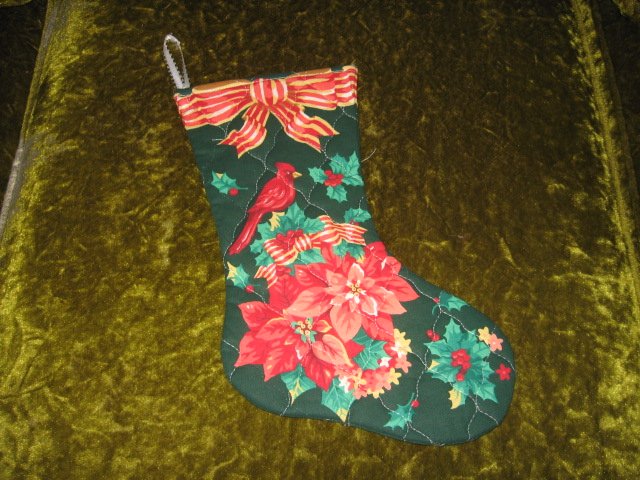 Cardinal Holly flowers Christmas quilted 12 inch stocking 