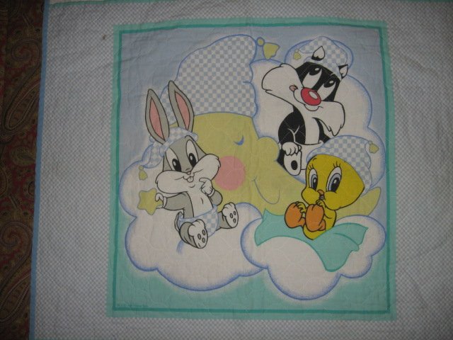 Image 0 of Tweey Bugs Sylvester cloud baby Looney Tunes crib quilt gently used out of print