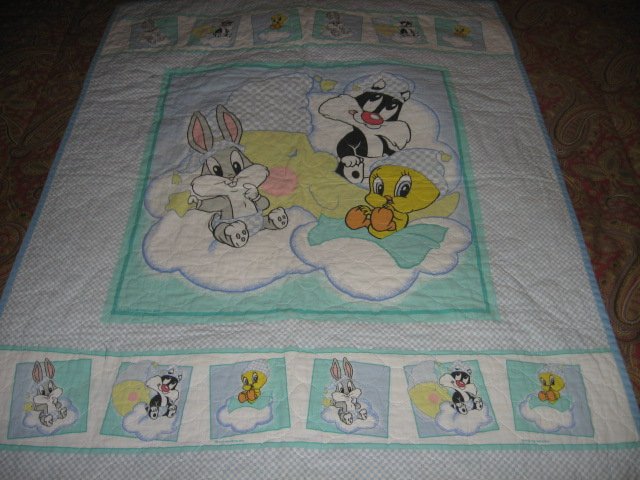 Image 1 of Tweey Bugs Sylvester cloud baby Looney Tunes crib quilt gently used out of print