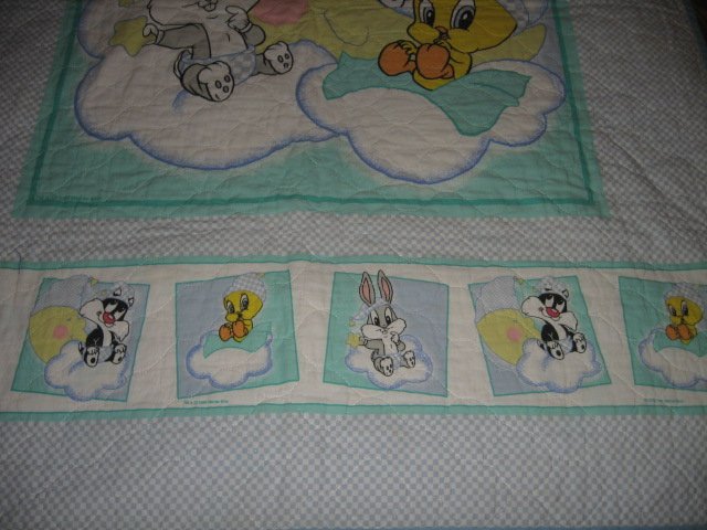 Image 2 of Tweey Bugs Sylvester cloud baby Looney Tunes crib quilt gently used out of print