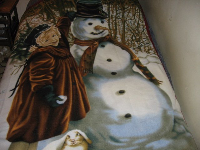 Image 0 of vintage look child and snowman fleece blanket bird rabbit Rare