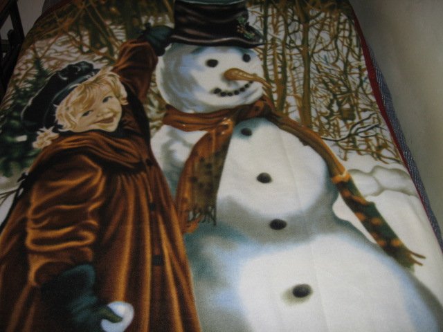 Image 2 of vintage look child and snowman fleece blanket bird rabbit Rare