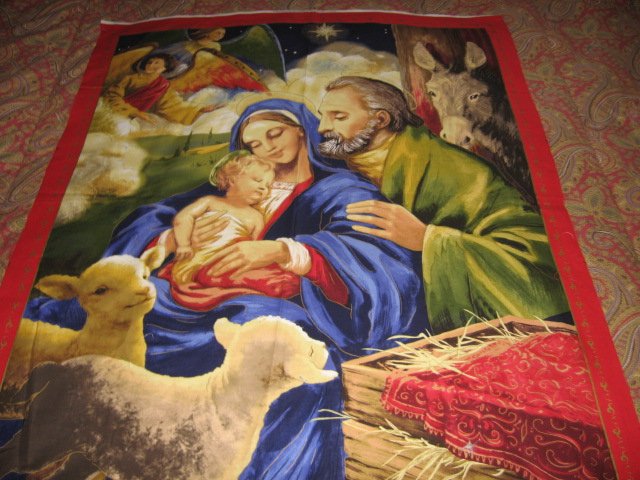 Image 1 of Jesus Nativity artist Laurie Cook Christmas Wall Fabric Panel to sew 