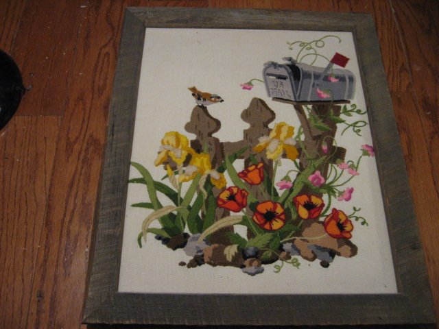 Mail Box and flowers embroidery  wood framed 
