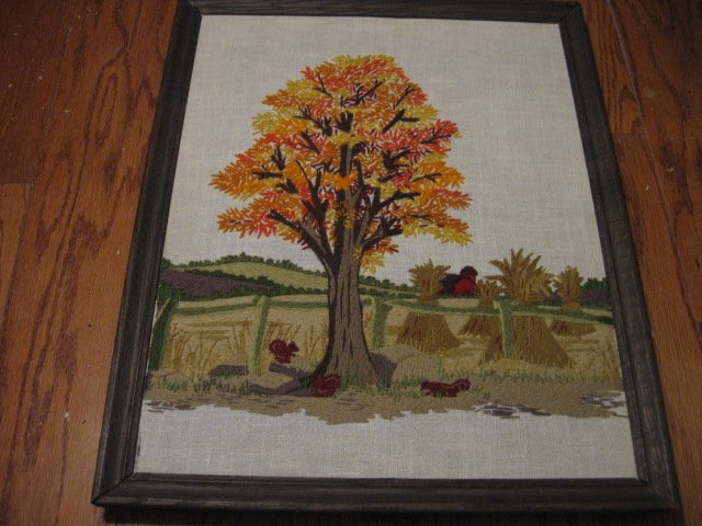 Fall scene tree and flowers  embroidery  wood framed 