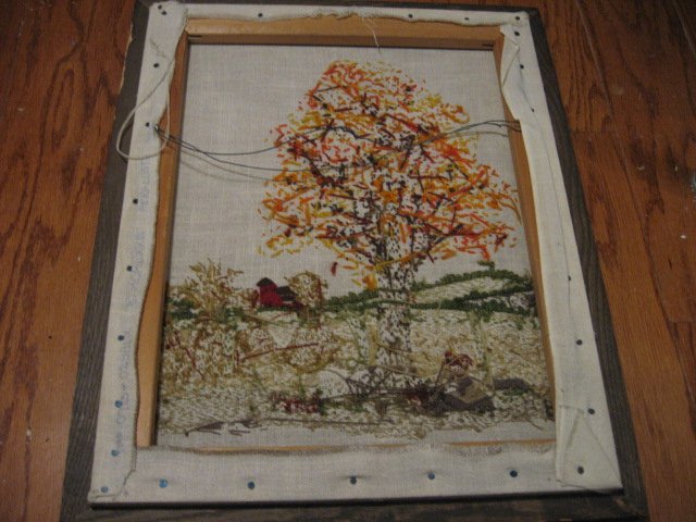 Image 1 of Fall scene tree and flowers  embroidery  wood framed 