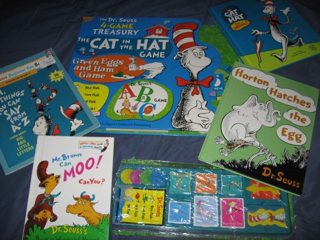 Dr Seuss 4 Game Treasury and 4 other books and stickers