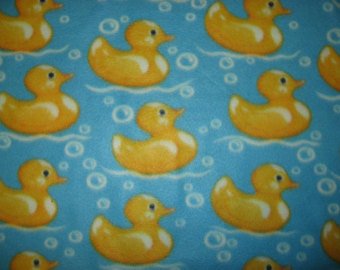 Rubber duck and bubbles, blue fleece fabric for toddlers 26x36