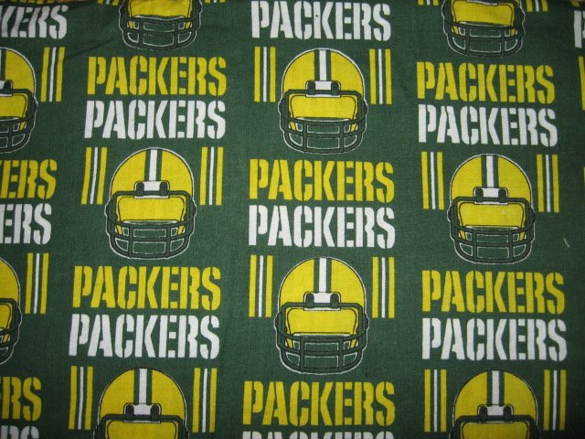 Image 0 of Green Bay Packers rows helmet words fabric fat quarter  approx 18x21 inch 