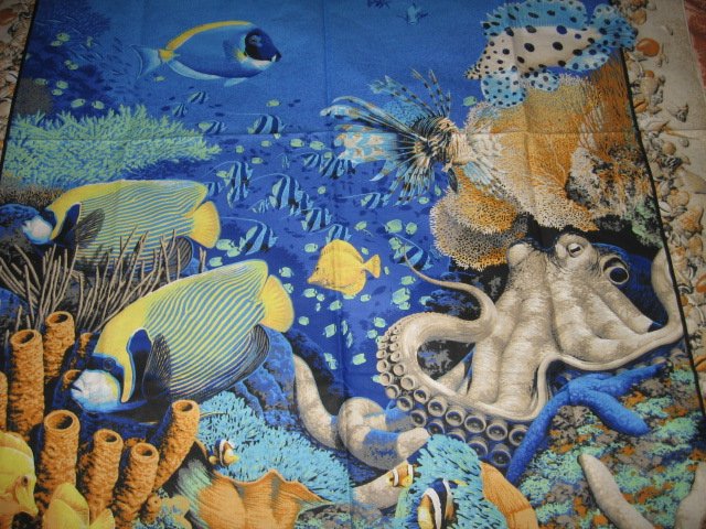 Image 0 of Coral Sea Ocean Octupus Turtle Spiny Fish  Fabric Wall Panel to sew //