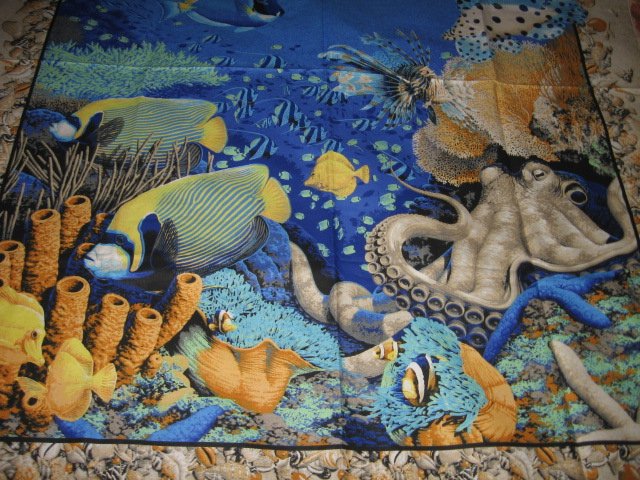 Image 1 of Coral Sea Ocean Octupus Turtle Spiny Fish  Fabric Wall Panel to sew //