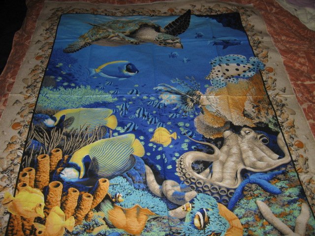 Image 2 of Coral Sea Ocean Octupus Turtle Spiny Fish  Fabric Wall Panel to sew //