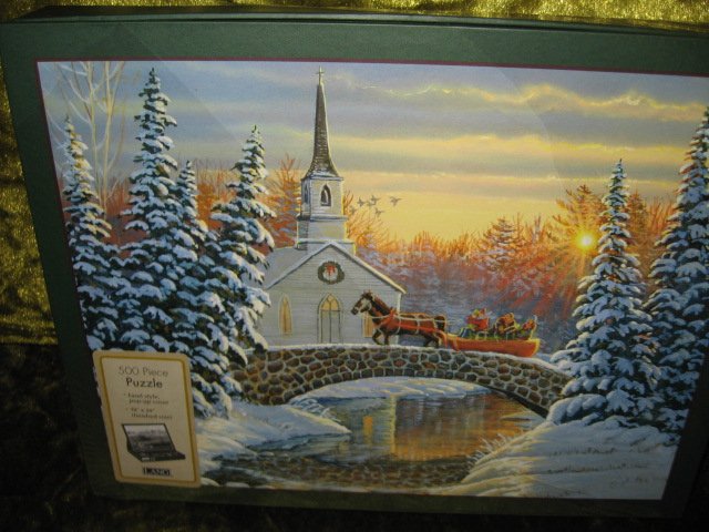 Image 1 of sleigh ride church bridge 500 piece puzzle 18 in by 24 inch