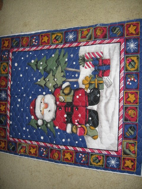 Santa presents quilt candy cane holly snow balls stars bells