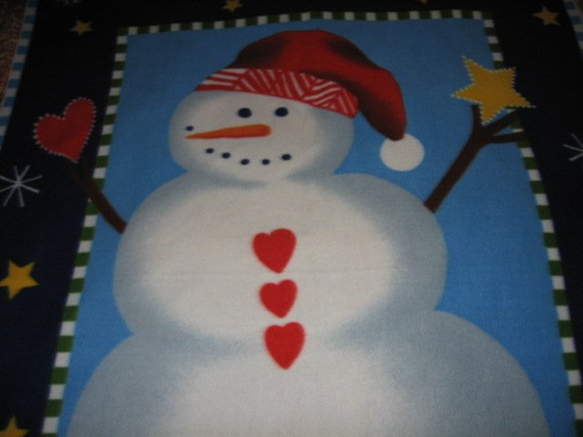 Image 0 of Snowman carrot nose red hat hearts Fleece bed Blanket adult child 