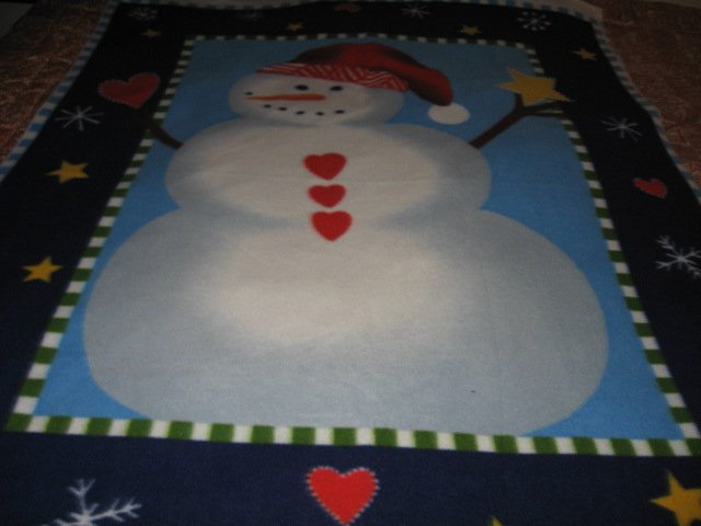 Image 1 of Snowman carrot nose red hat hearts Fleece bed Blanket adult child 