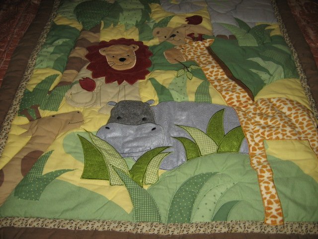 Image 3 of Giraffe Monkey Lion Elephant Hippo crib quilt with backing fabric