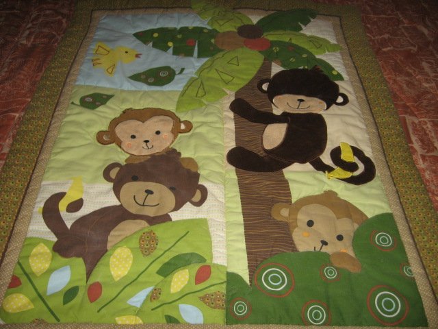 Image 1 of Monkey Tree Jungle crib quilt with backing fabric