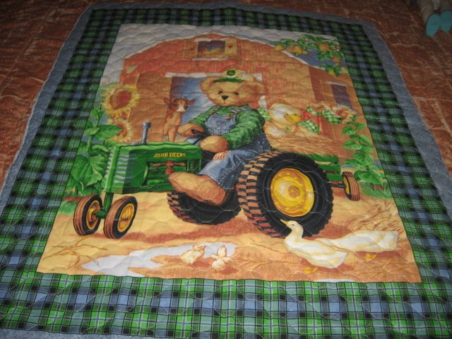Image 0 of Blue Jean Teddy John Deere tractor crib quilt to sew