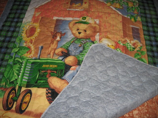Image 1 of Blue Jean Teddy John Deere tractor crib quilt to sew