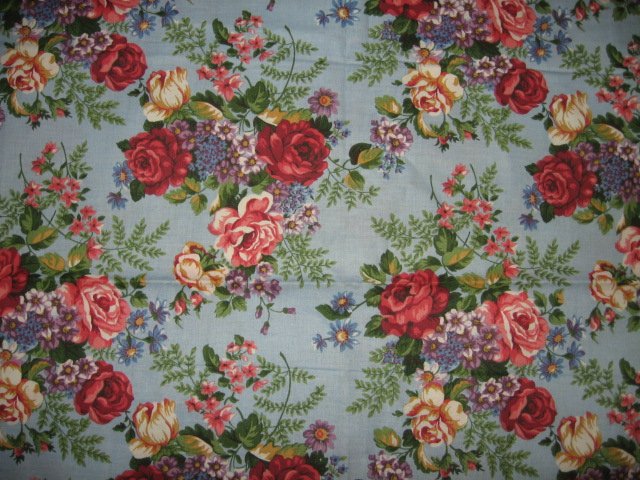 rose roses blue cotton fabric  42 inch wide by 25 inch long