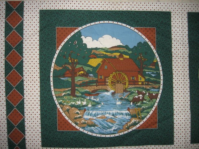 Country farm and Mill Scene set of two Pillow Panels Fabric to sew
