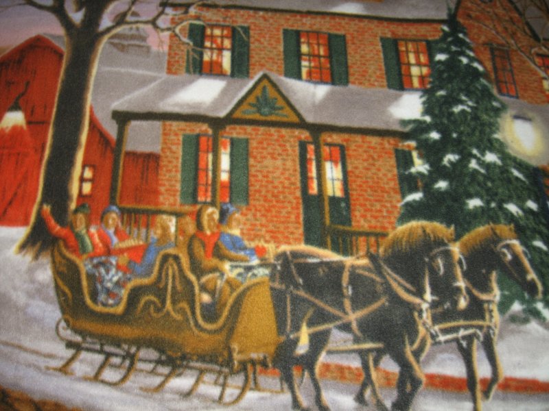 Image 0 of exquisite village winter scene snowman horse cariage skates fleece blanket