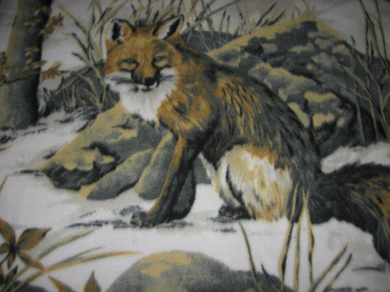 Image 1 of fox in winter snow large panel fleece blanket