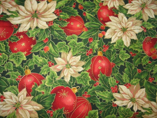 Image 0 of poinsettia flowers and bulbs cotton Christmas   fabric yard