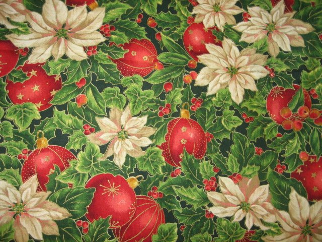 Image 1 of poinsettia flowers and bulbs cotton Christmas   fabric yard