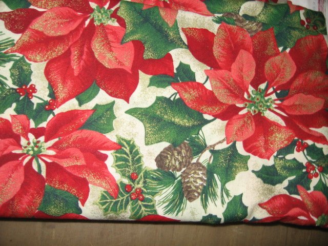 Christmas poinsettia  pine cone holly gold sparkle cotton fabric 