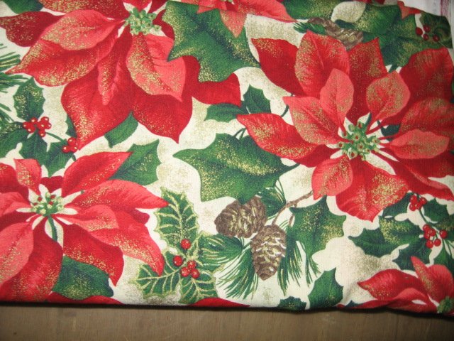 Image 0 of Christmas poinsettia  pine cone holly gold sparkle cotton fabric 