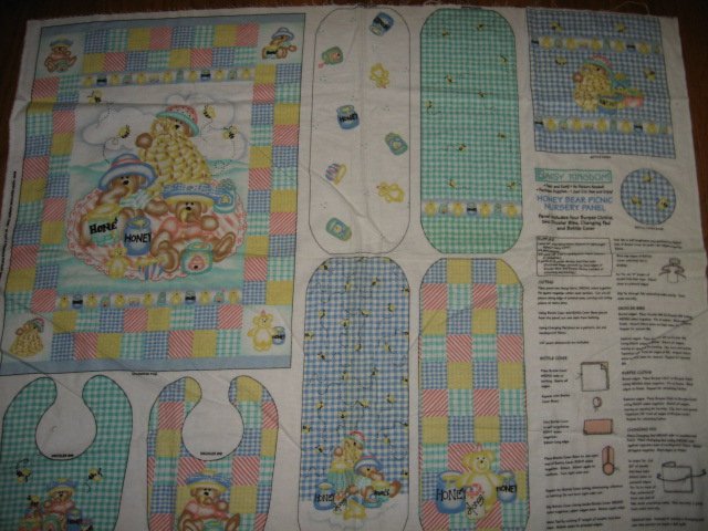 Honey Bear Picnic flannel burp cloths,bibs,changing pad set to sew