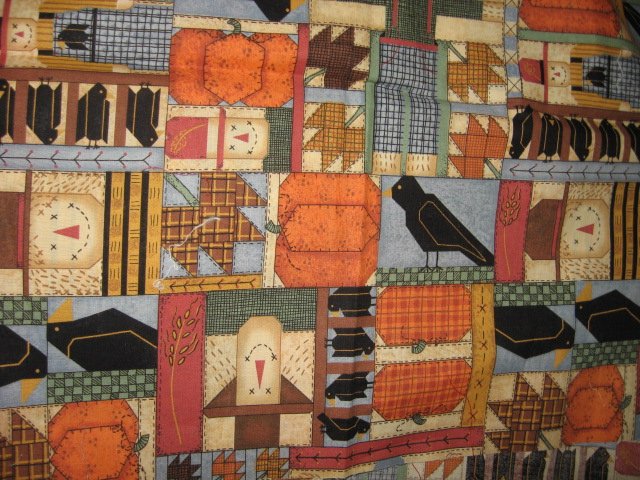 Image 0 of Halloween pumpkin scare crow black crow cotton fabric Rare