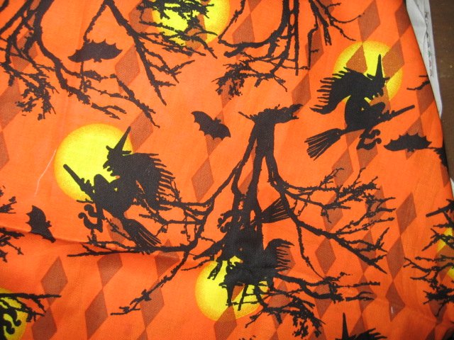 Image 0 of Halloween witch hat broom moon cotton fabric pumpkin orange color  Rare