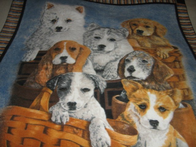 Image 0 of Puppies in basket child bed size fleece blanket 50 inch by 62 inches