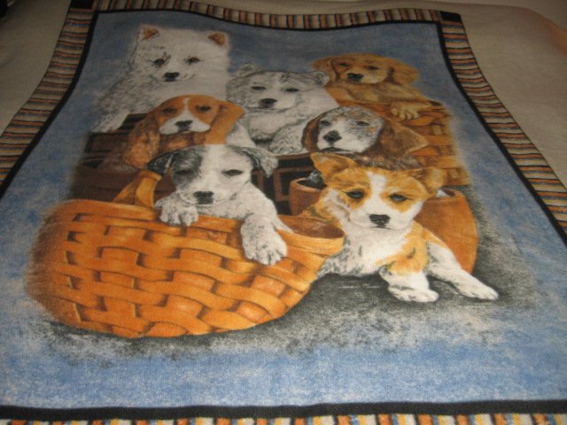 Image 1 of Puppies in basket child bed size fleece blanket 50 inch by 62 inches