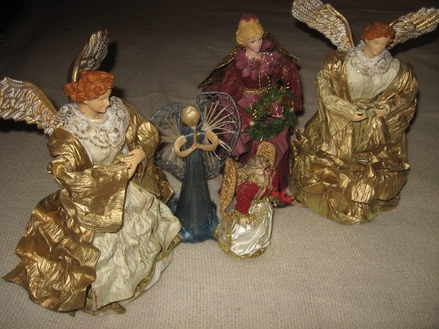 Christmas angels set of five gold maroon paper glitter
