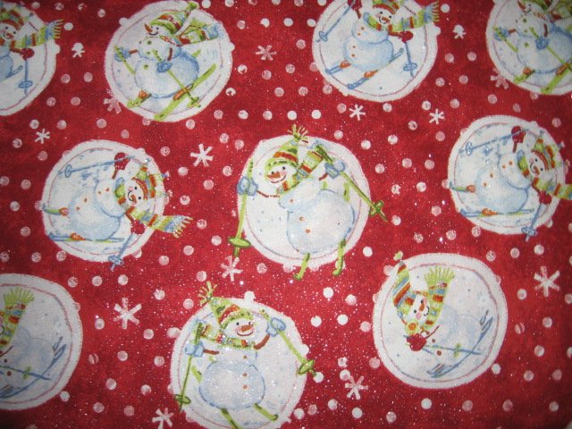 Image 0 of Snowballs glitter snowmen skiers cotton fabric by the yard