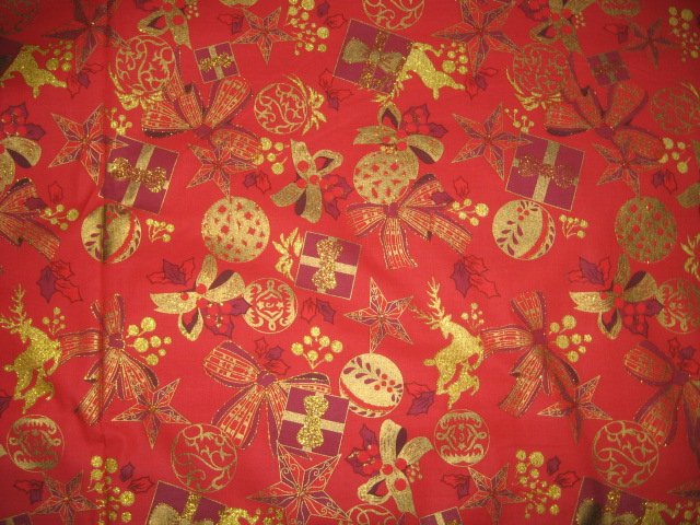 Image 0 of Scarlet Splendor ribbons glitter bulbs Christmas cotton fabric by the yard