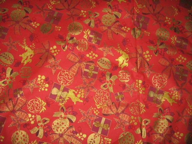 Image 1 of Scarlet Splendor ribbons glitter bulbs Christmas cotton fabric by the yard