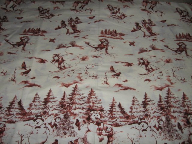 toile winter wonderland tablecloth cotton fabric snowmen, tobaggan, by the yard